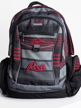 Roots Striped Backpack Black Grey Red Multi-Pocket Laptop Travel Bag